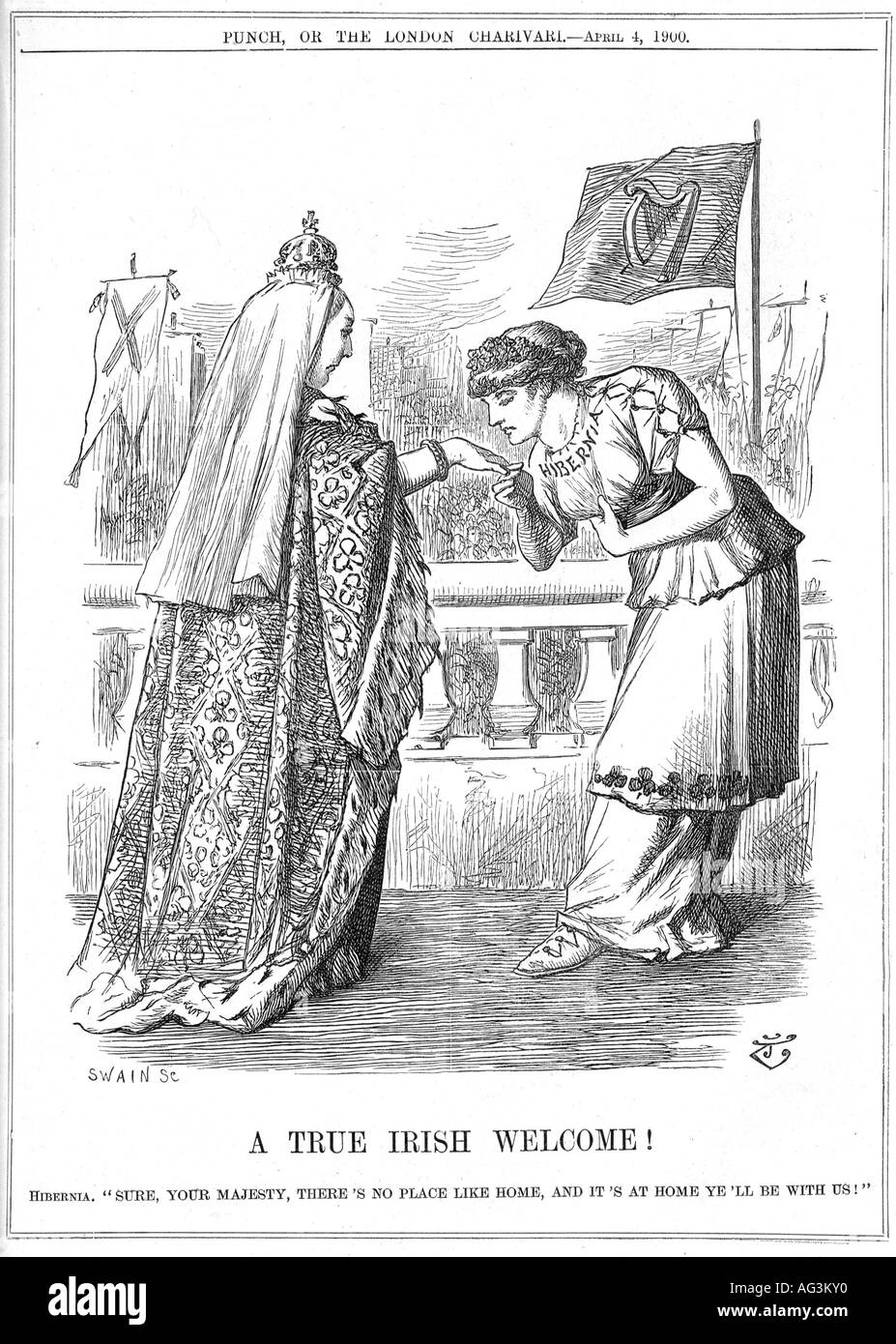press/media, journals/magazines, 'Punch', London, 4.4.1900, carikature 'A true Irish welcome', engraving, cartoon, , Stock Photo
