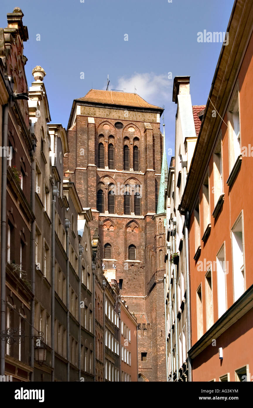 Tower of St Mary church as seen from Dluga or Long Street, Gdansk, Poland Stock Photo