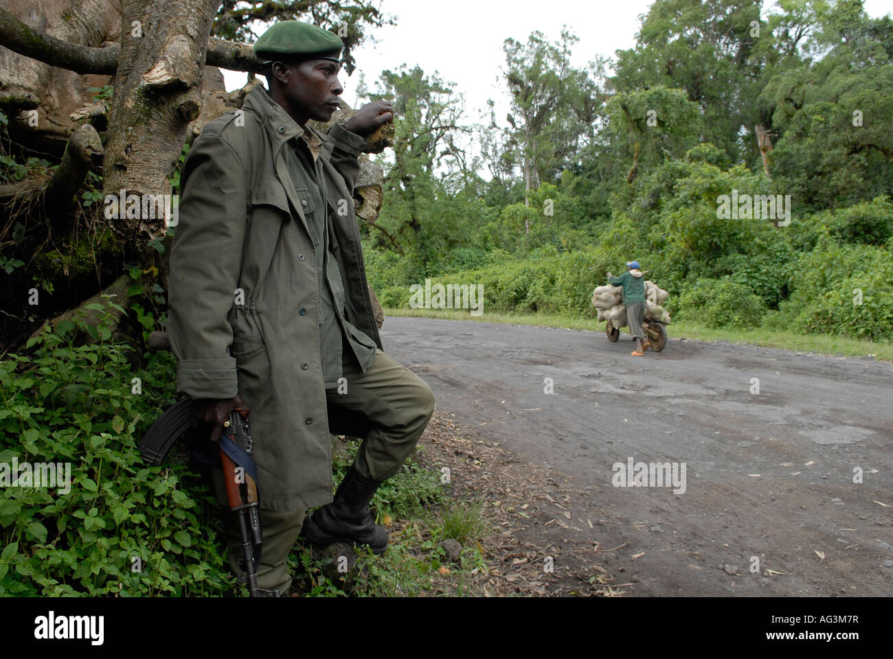 A FARDC Congolese government soldier stands guard with a Kalashnikov AK-47 rifle in a rural area in North Kivu province in DR Congo Africa Stock Photo