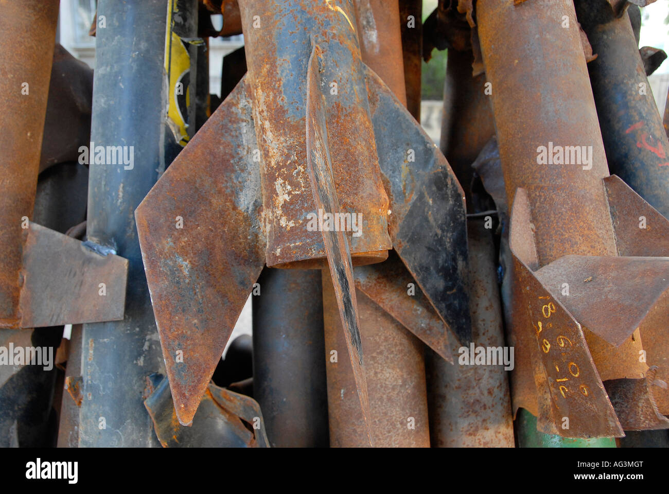 Remnants of Qassam rockets developed by the Izz ad-Din al-Qassam Brigades, the military arm of Hamas in Gaza  fired at the town of Sderot in Israel Stock Photo