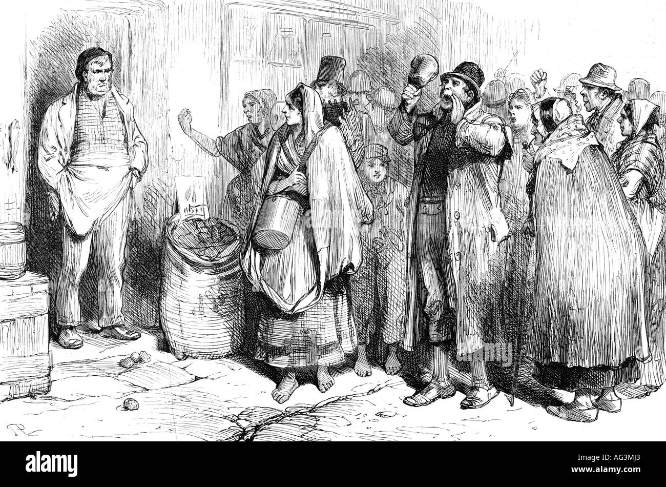 geography/travel, Ireland, disturbances 1881, 'boycotting' a merchant, County Mayo, contemporary engraving, 19th century, Great Britain, , Stock Photo