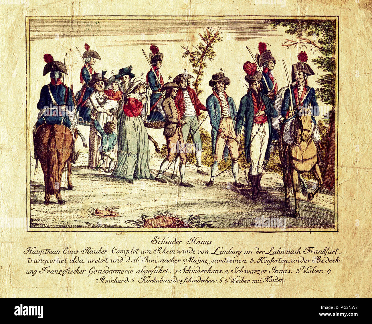 Bückler, Johann, alias Schinderhannes, 1777 - 21.11.1803, German bandit, transfer to Mainz, June 1802, engraving, 19th century,  , Stock Photo