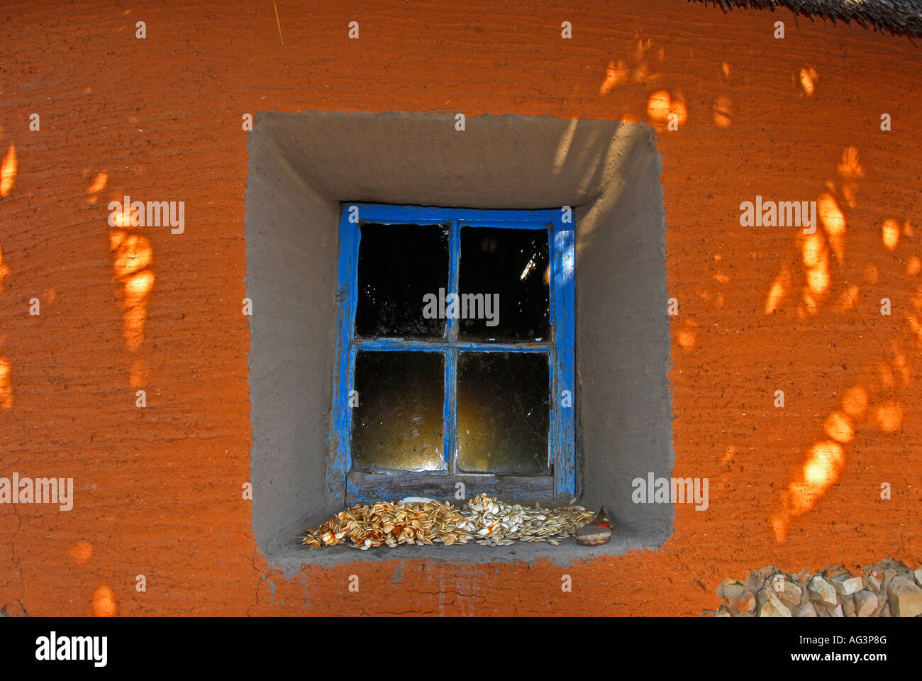 Close-up of bright orange mud wall with bright blue window frame in centre, Lesotho, Africa Stock Photo