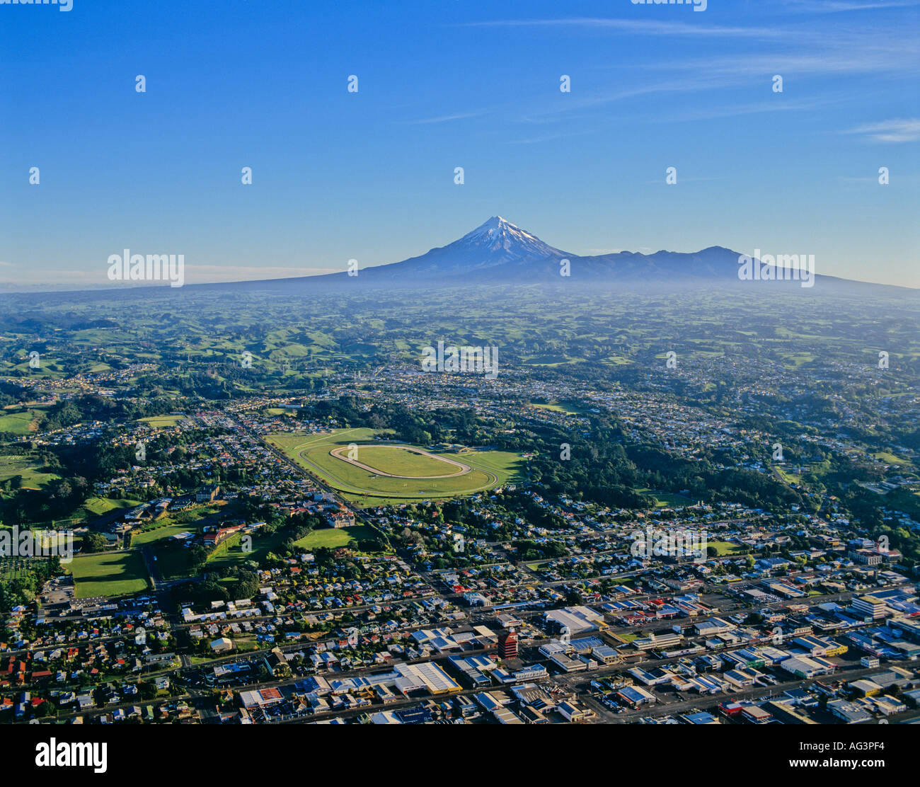 Aerial view of Mount Egmont and New Plymouth New Zealand Stock Photo