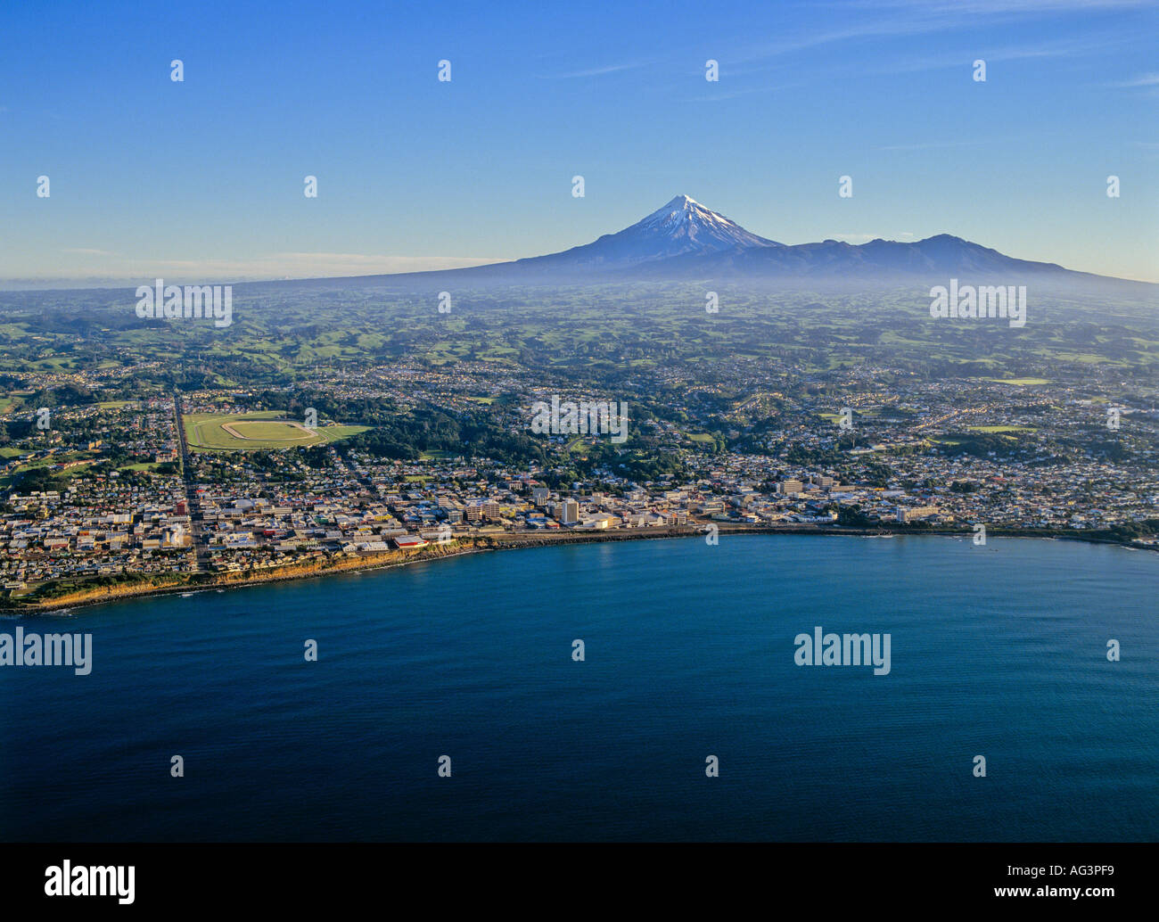 Aerial view of Mount Egmont and coast line of New Plymouth New Zealand