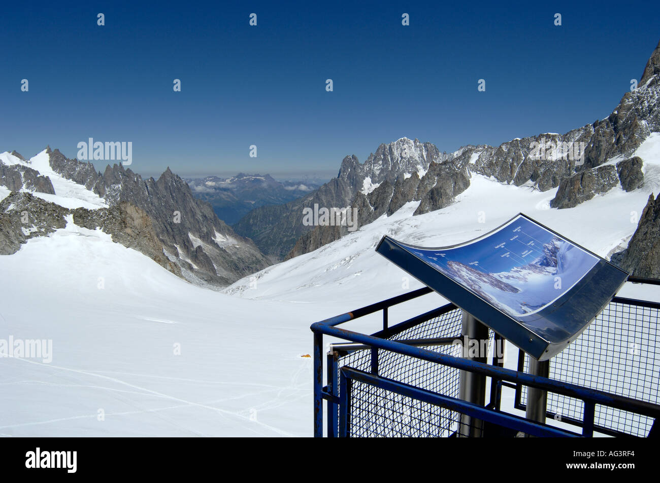 Viewing map at pointe helbronner cablecar station on the italian side of the mont blanc massif overlooking the glacier du geant Stock Photo
