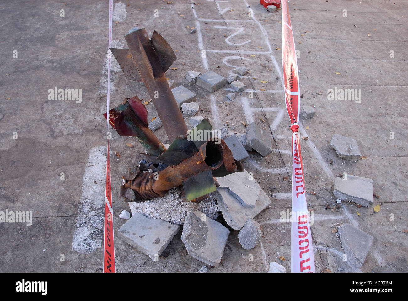 The tail fins of exploded Qassam rockets that were fired from Gaza Strip to southern Israel displayed in Rothschild avenue in Tel Aviv Israel Stock Photo