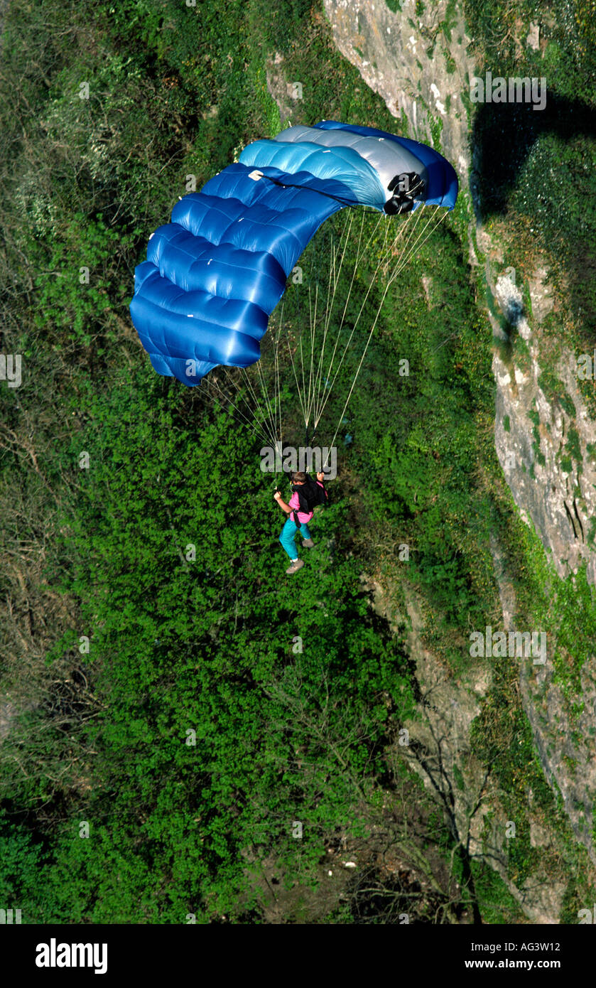 Dr Gravity BASE 229 nearly colliding with the cliff while BASE Jumping Cheddar Gorge Anon Great Britain 50 Cal Base Academy Stock Photo