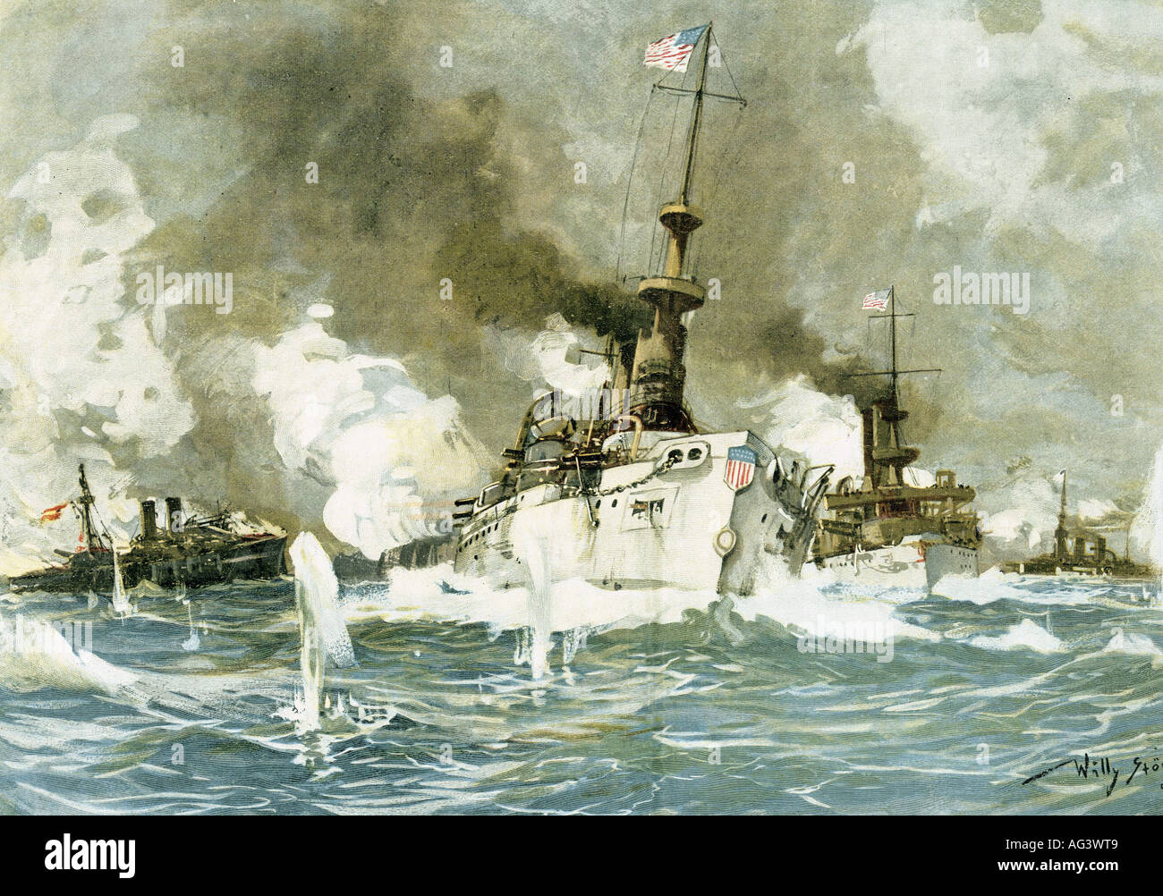 events, Spanish-American War 1898, naval battle at Santiago de Cuba 3.7.1898, after painting by Willy Stöwer, 1900, , Stock Photo