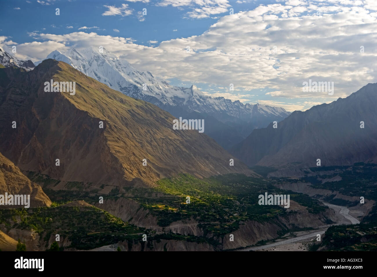 View over the Hunza valley and Karimabad from the Eagles Nest Hotel in Duikar Stock Photo