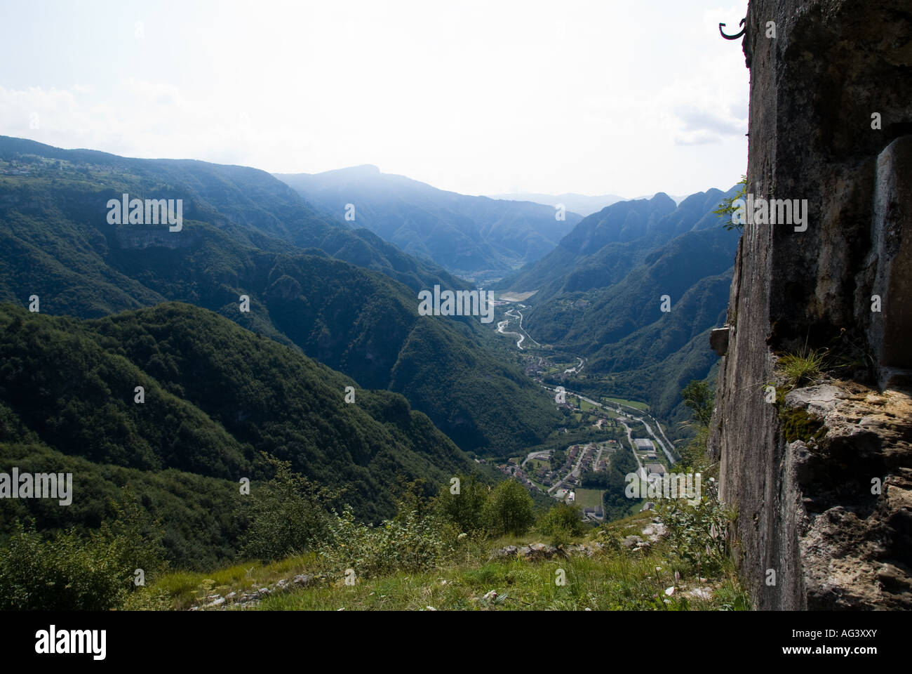 Panoramic view of Val d'Astico from Forte Belvedere, an Austro Ungaric fortress of World War I. Stock Photo