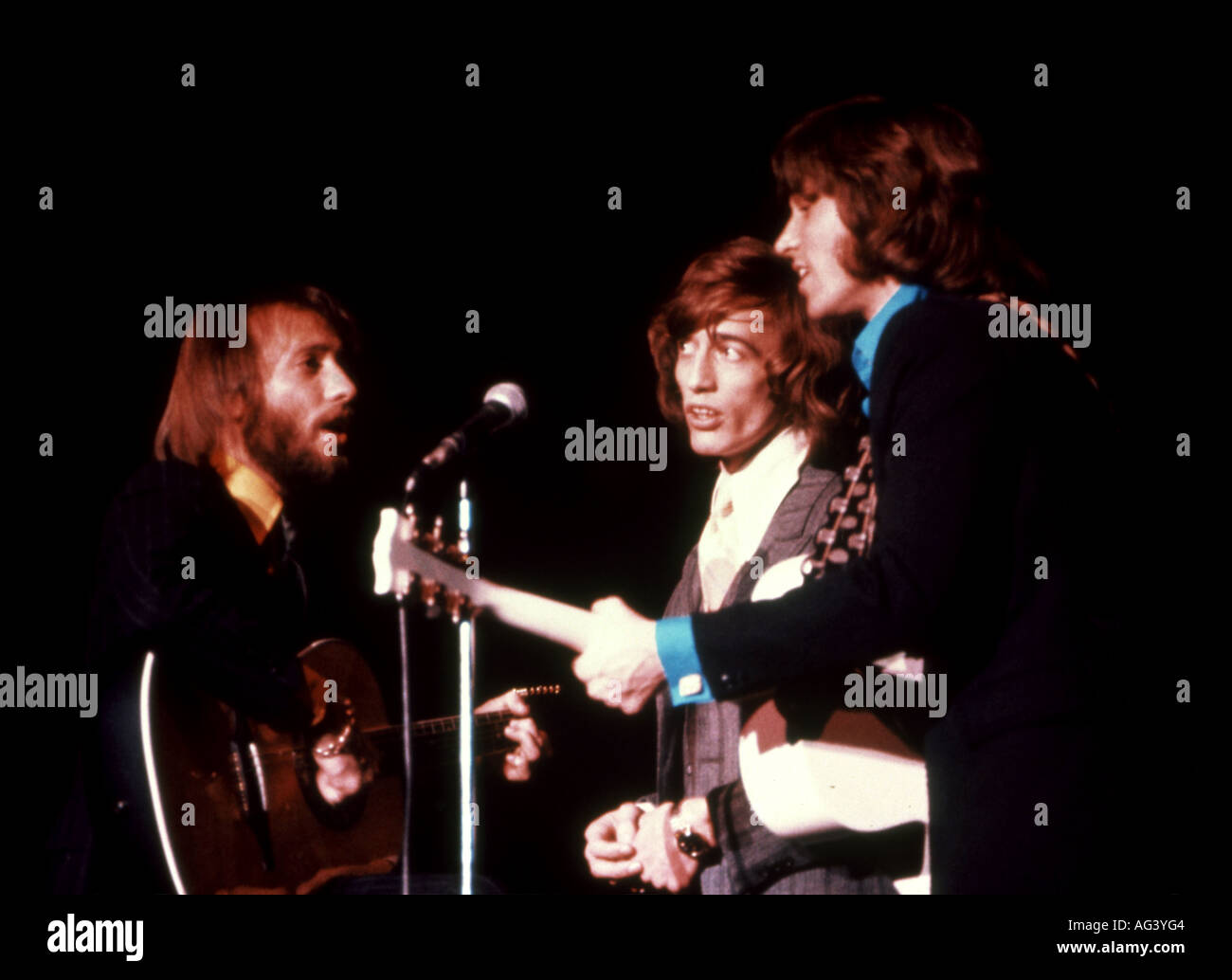 BEE GEES from left Maurice Robin and Barry Gibb Stock Photo