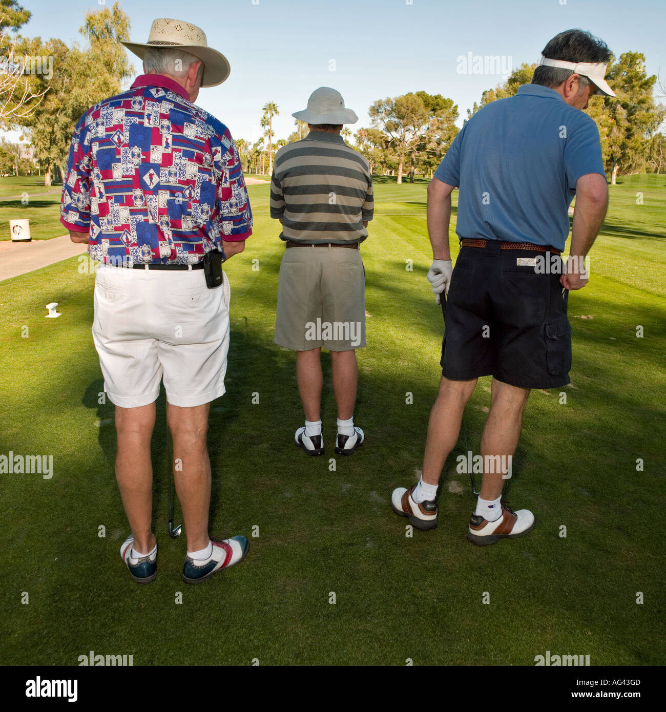 golf trio waiting to t-off Stock Photo