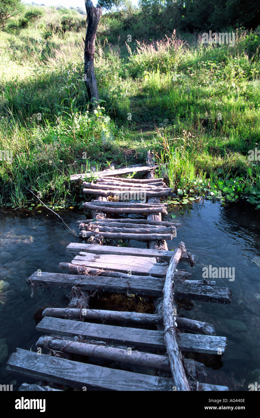 A rustic pedestrian bridge in a rural landscape in Cordoba Argentina ...