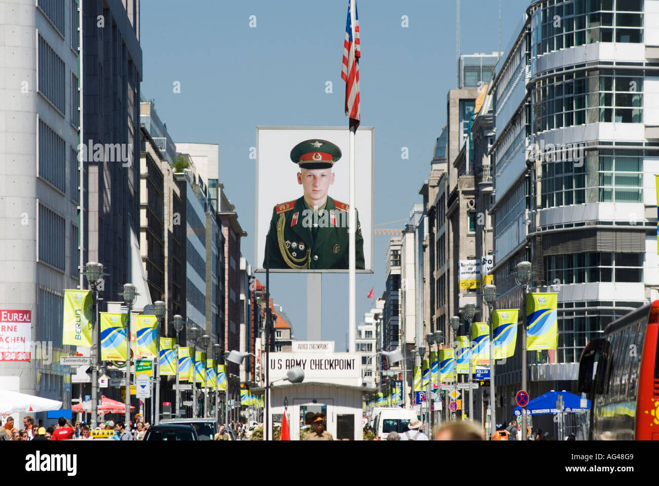 Checkpoint Charlie; Portrait of Soviet soldier at Checkpoint Charlie Berlin Stock Photo