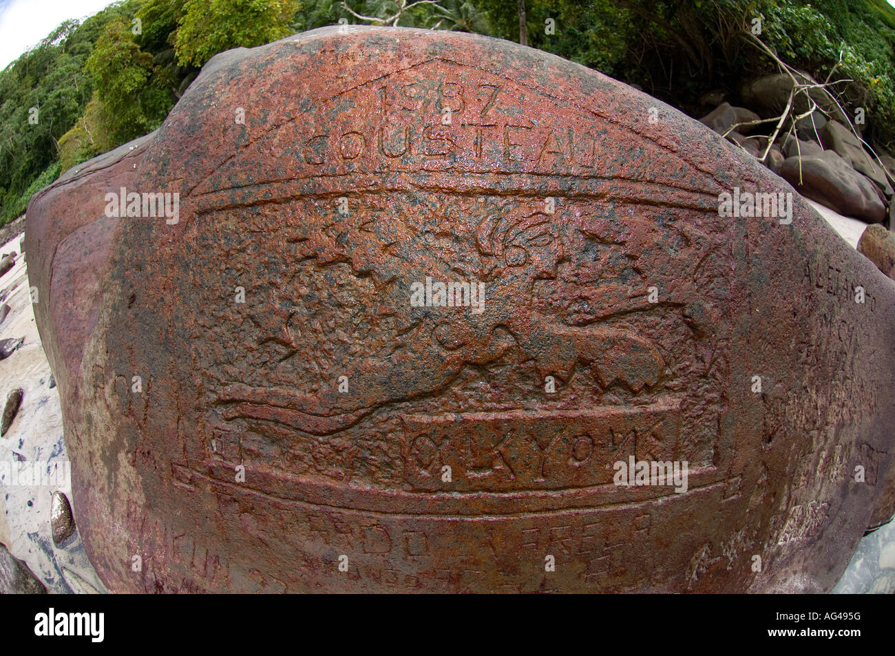 Centuries-old rock engravings from sailors in Cocos Island, Costa Rica ...