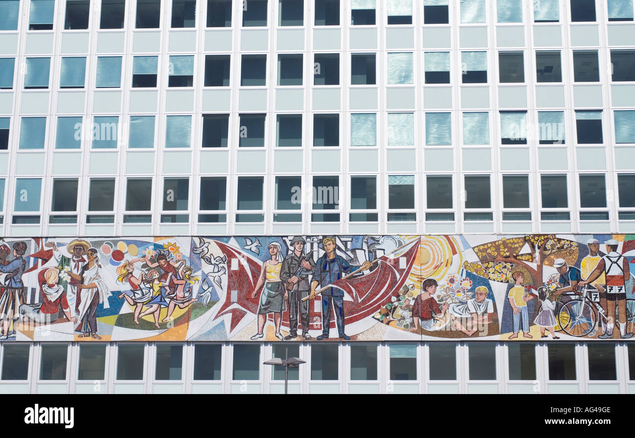 East German office "Haus des Lehrers" building with communist murals on