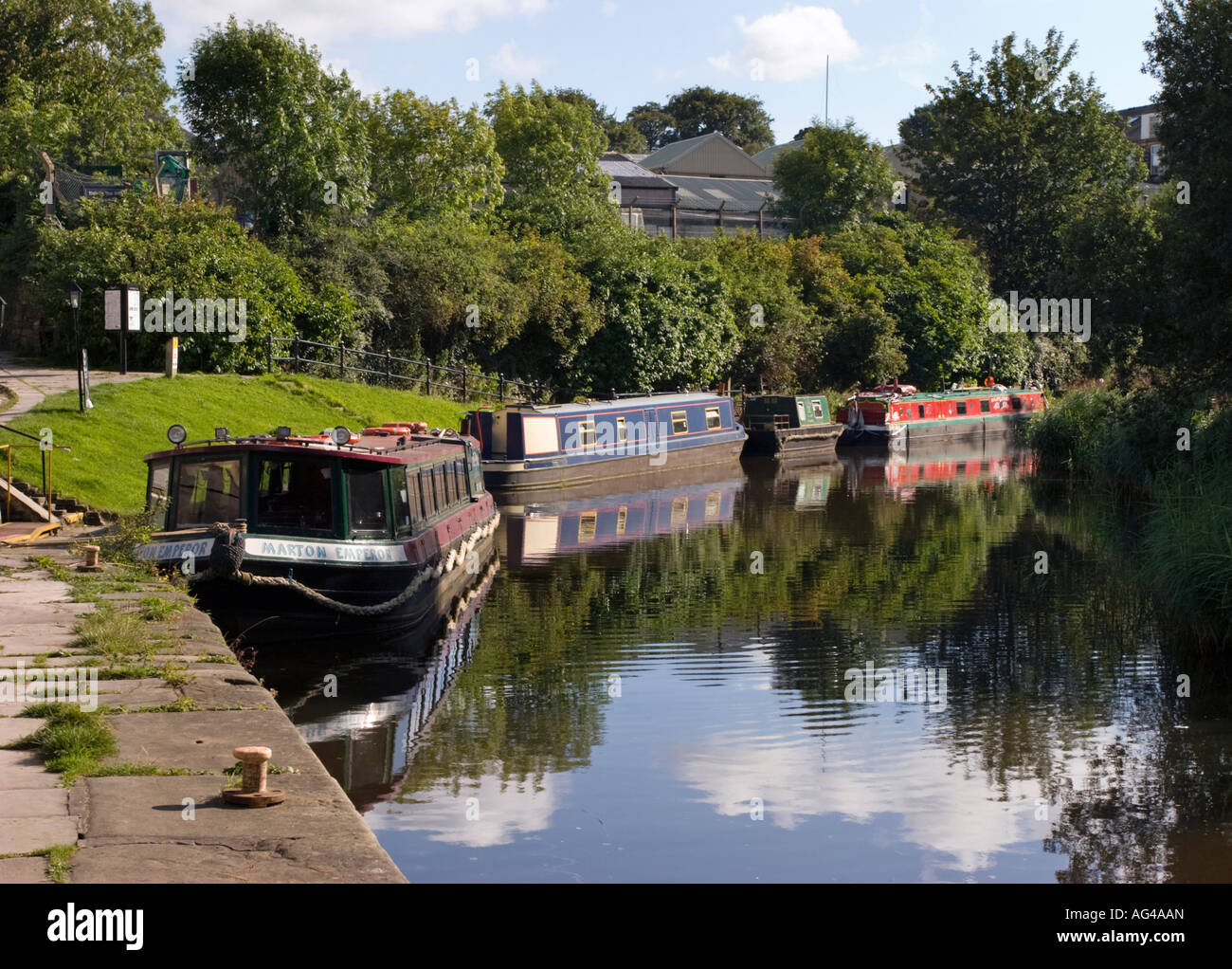 Narrow boats on the Leeds Liverpool Canal at Foulridge Wharf Stock