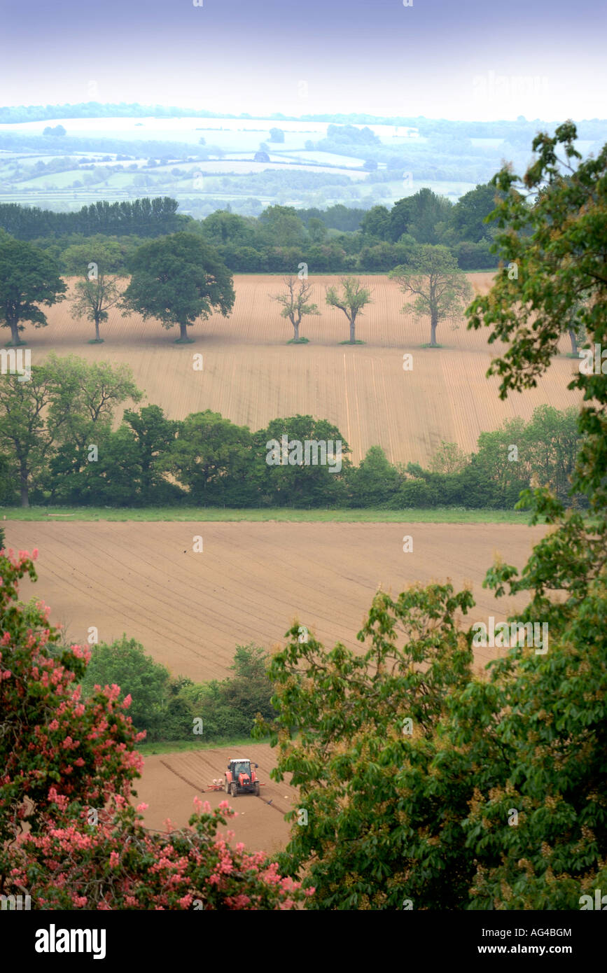RECENTLY PLOUGHED FIELDS IN THE GLOUCESTERSHIRE COUNTRYSIDE NEAR STOW ON THE WOLD UK Stock Photo