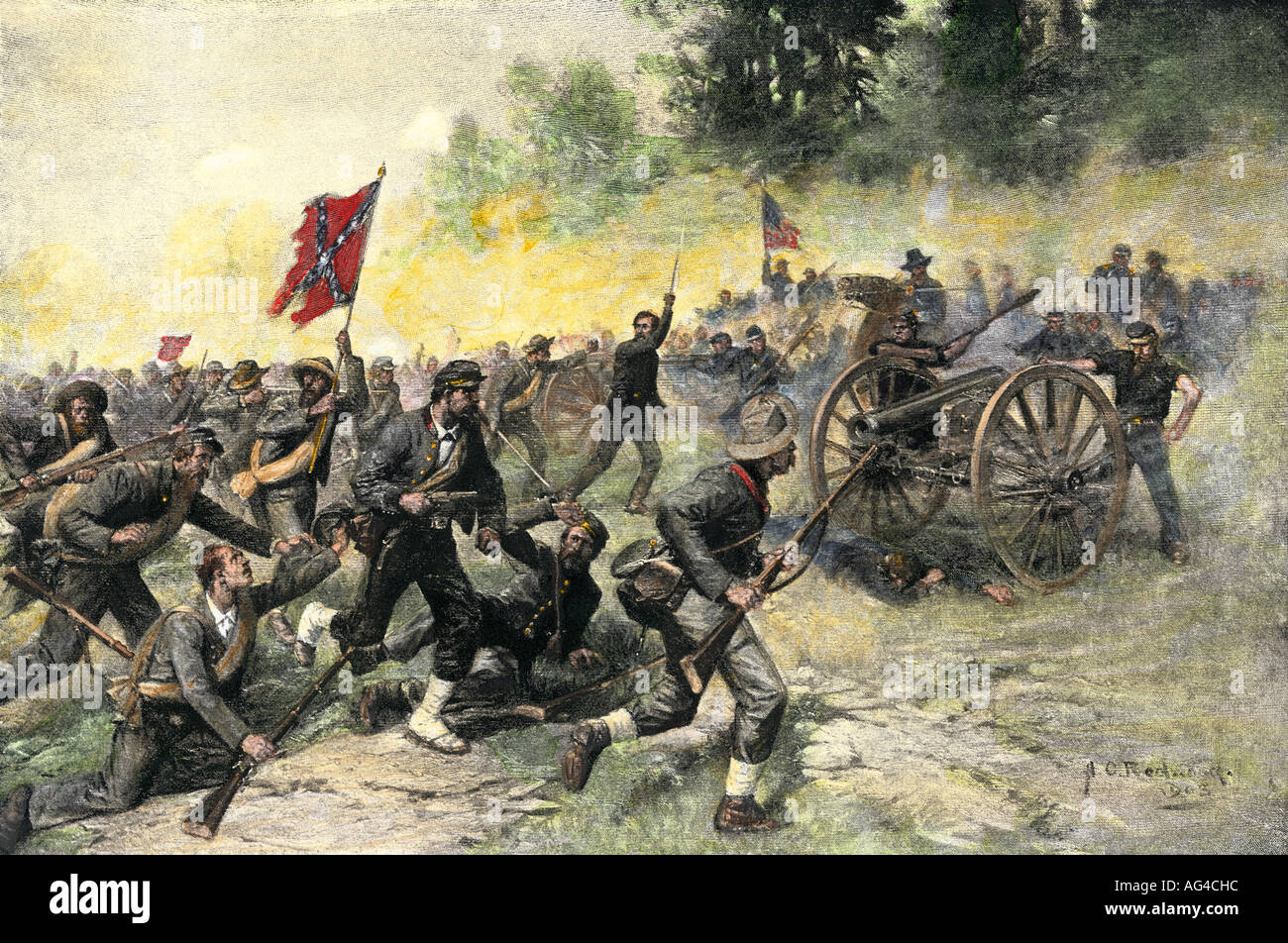 Confederate assault on Little Round Top held by the 20th Maine Regiment in the Battle of Gettysburg 1863. Hand-colored halftone of an illustration Stock Photo