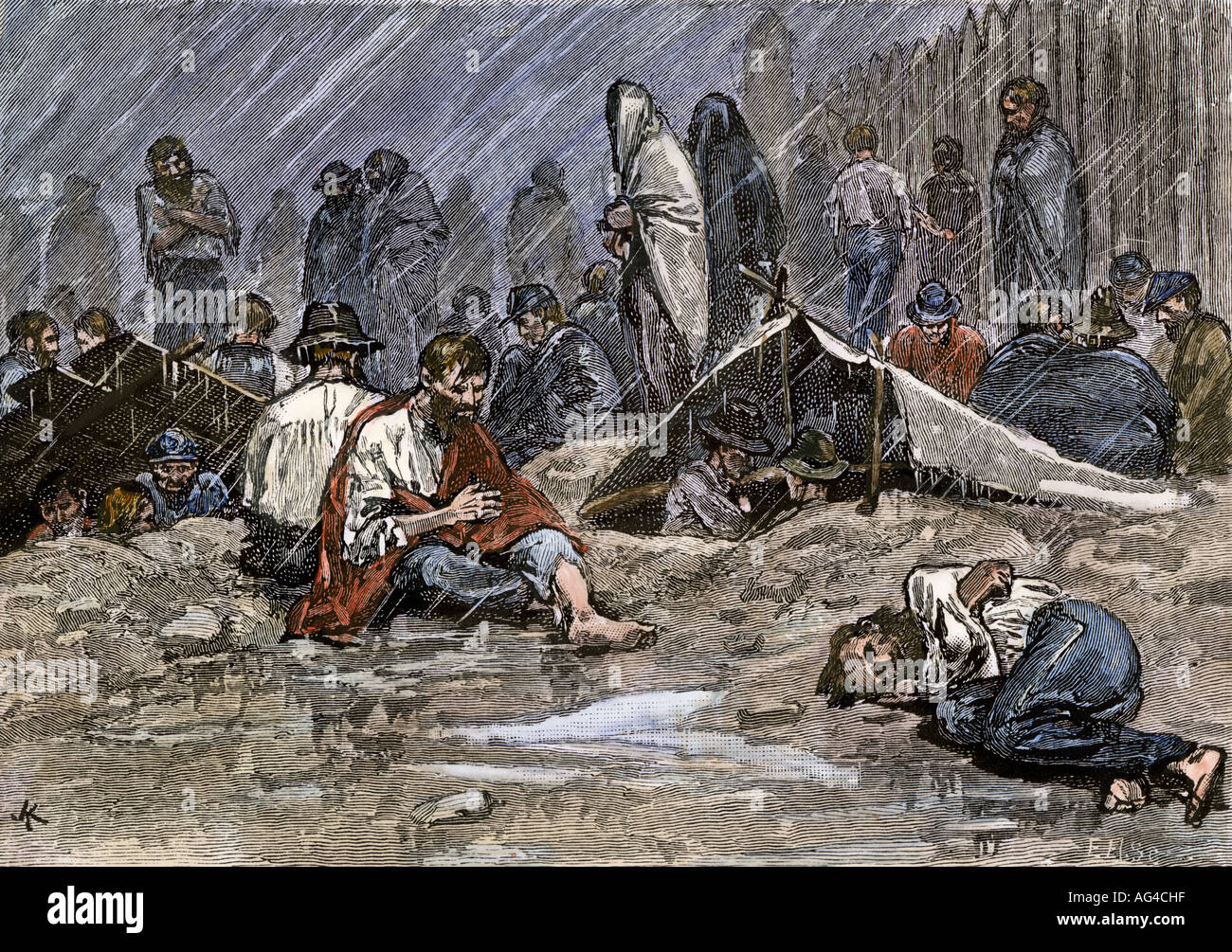 Union soldiers held as prisoners of war at Andersonville prison camp during the US Civil War. Hand-colored woodcut Stock Photo