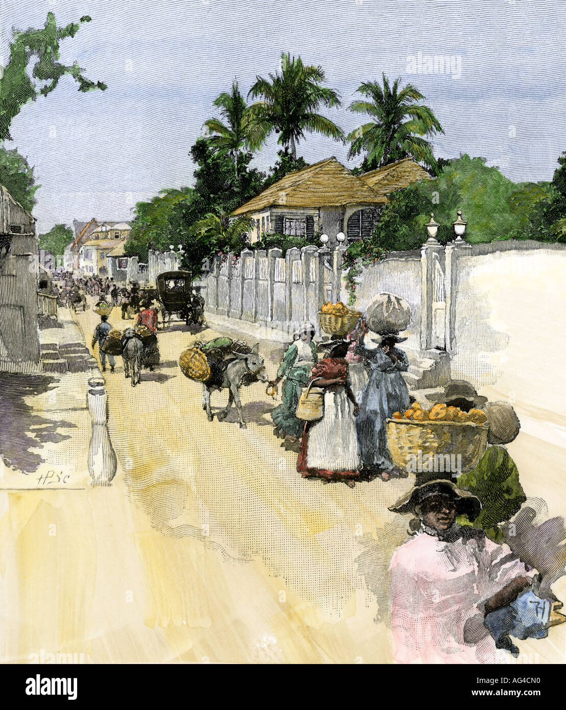 Jamaicans bringing their produce to market circa 1890. Hand-colored halftone of an illustration Stock Photo