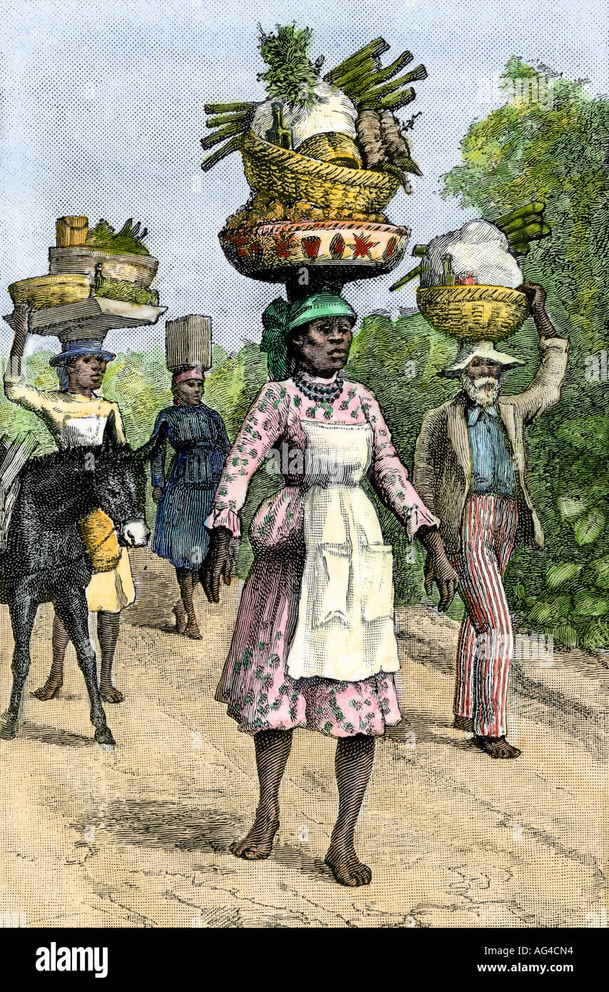 Native people bringing goods to market in Kingston Jamaica circa 1890. Hand-colored halftone of an illustration Stock Photo