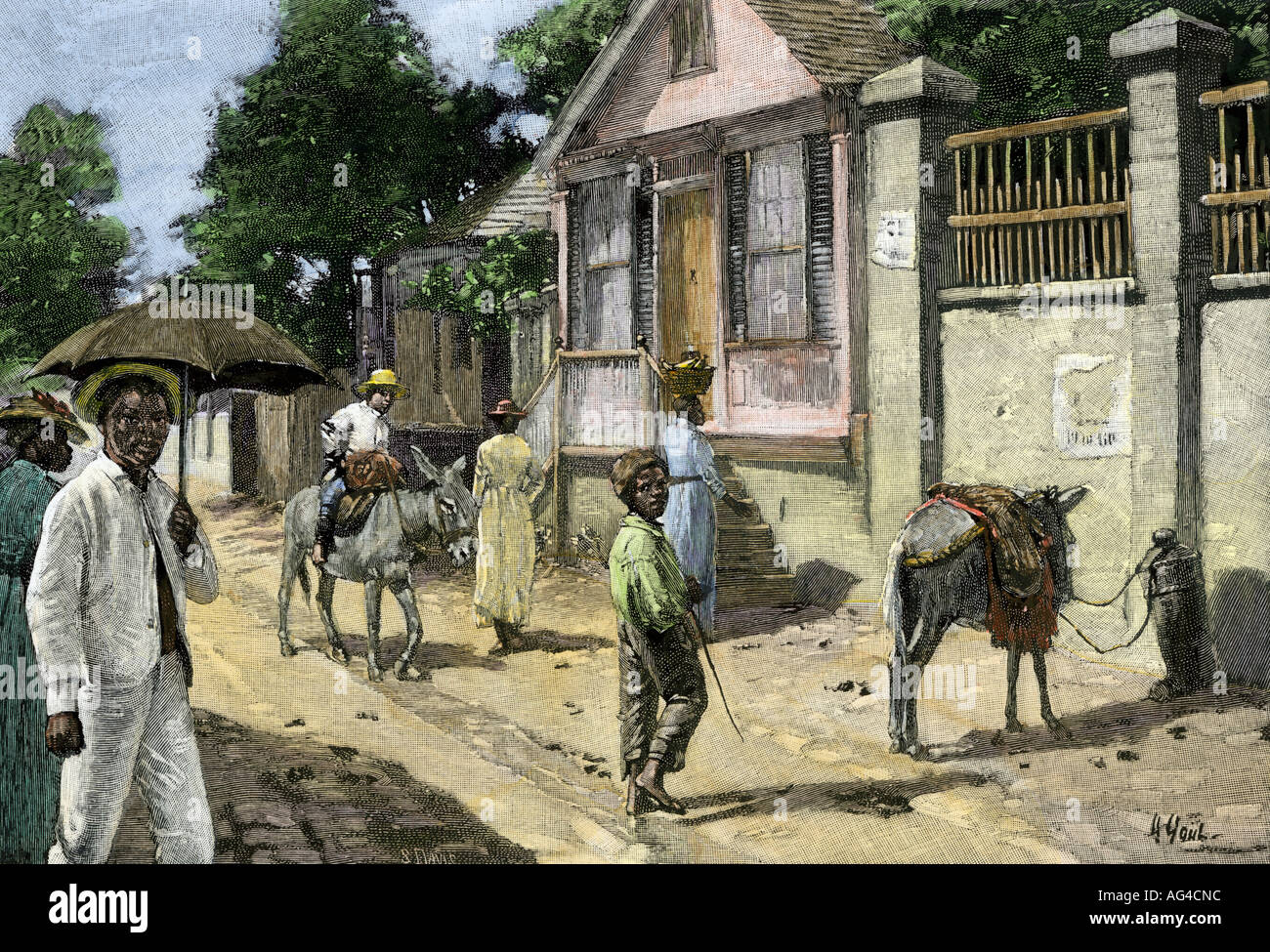 Townspeople on a Jamaica street 1890s. Hand-colored halftone of an illustration Stock Photo