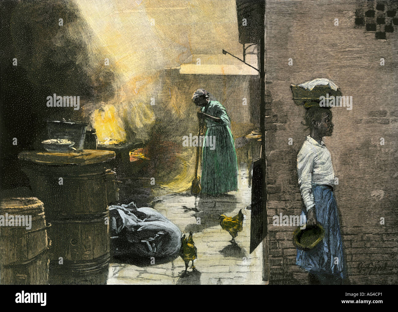 Outdoor kitchen in a Jamaica town 1890s. Hand-colored halftone of an illustration Stock Photo