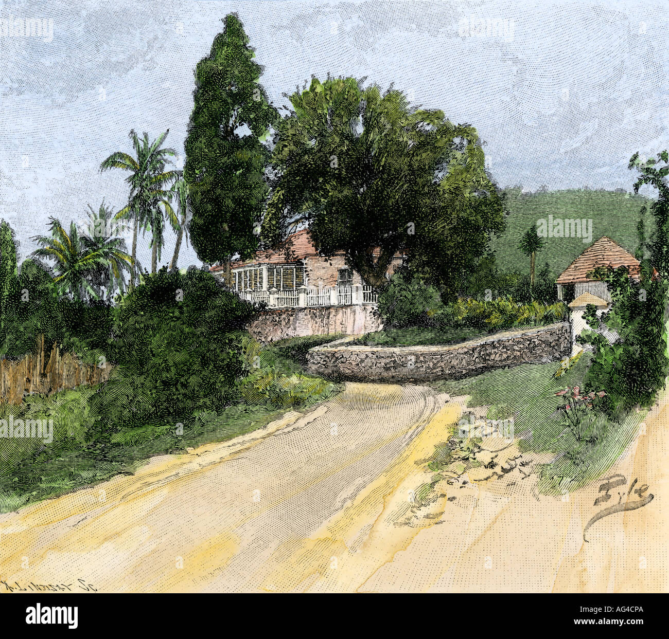 Jamaica plantation house from the roadside 1880s. Hand-colored halftone of an illustration Stock Photo