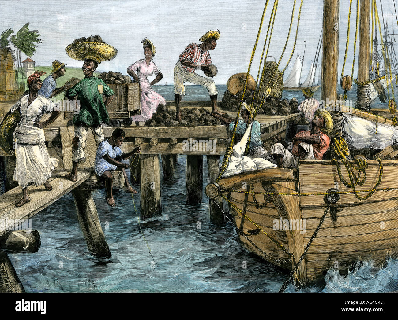 Loading a schooner with coconuts at Kingston Jamaica 1800s. Hand-colored woodcut Stock Photo