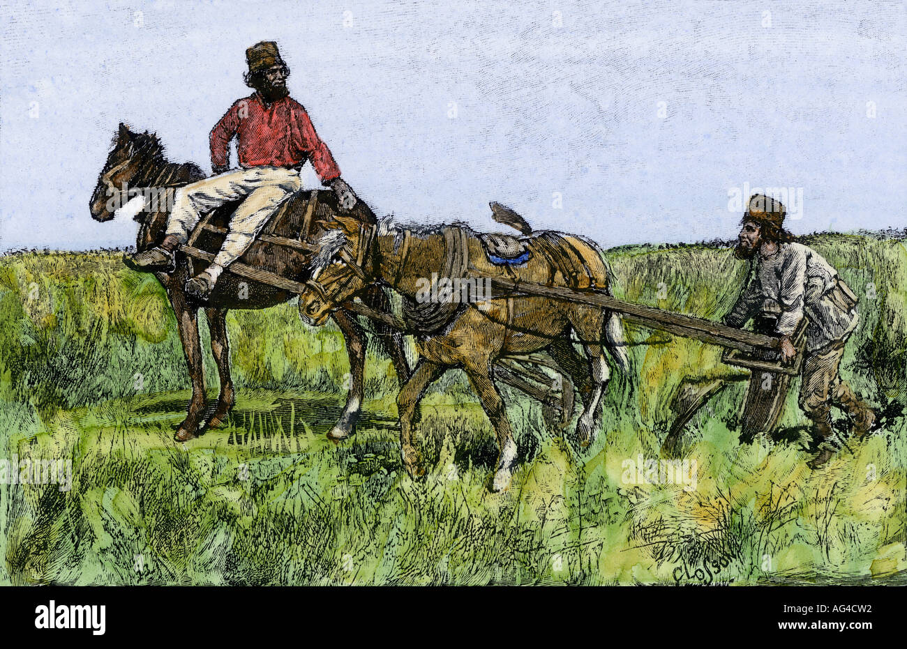 Russian serfs plowing on the steppes. Hand-colored woodcut Stock Photo