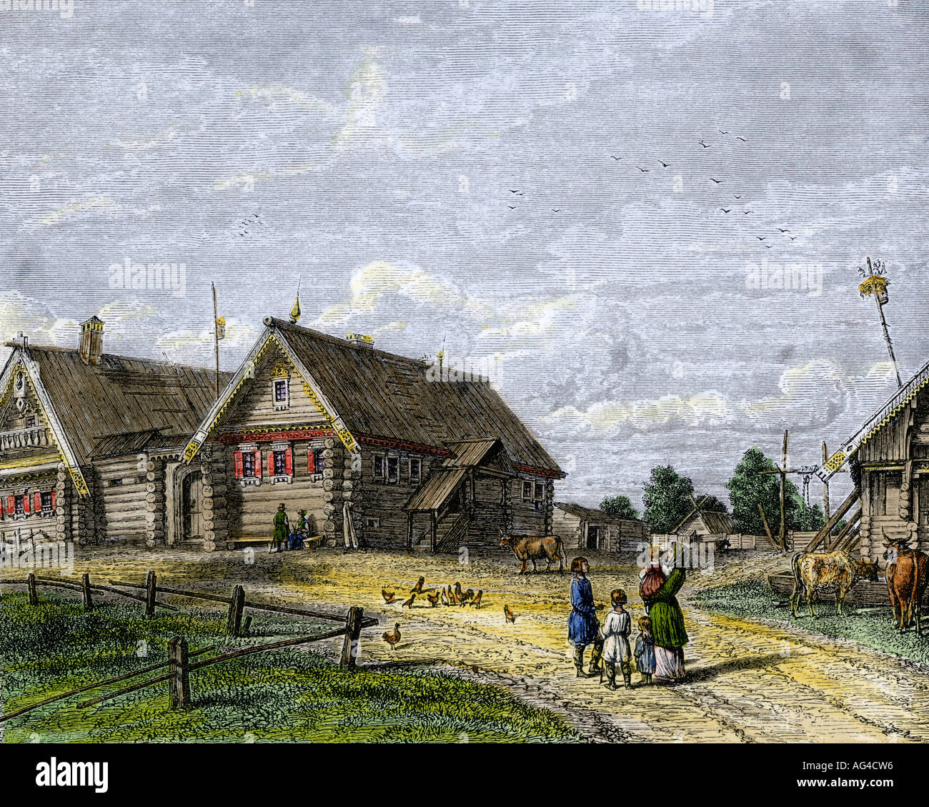 Russian village in the southern agricultural zone 1800s. Hand-colored woodcut Stock Photo