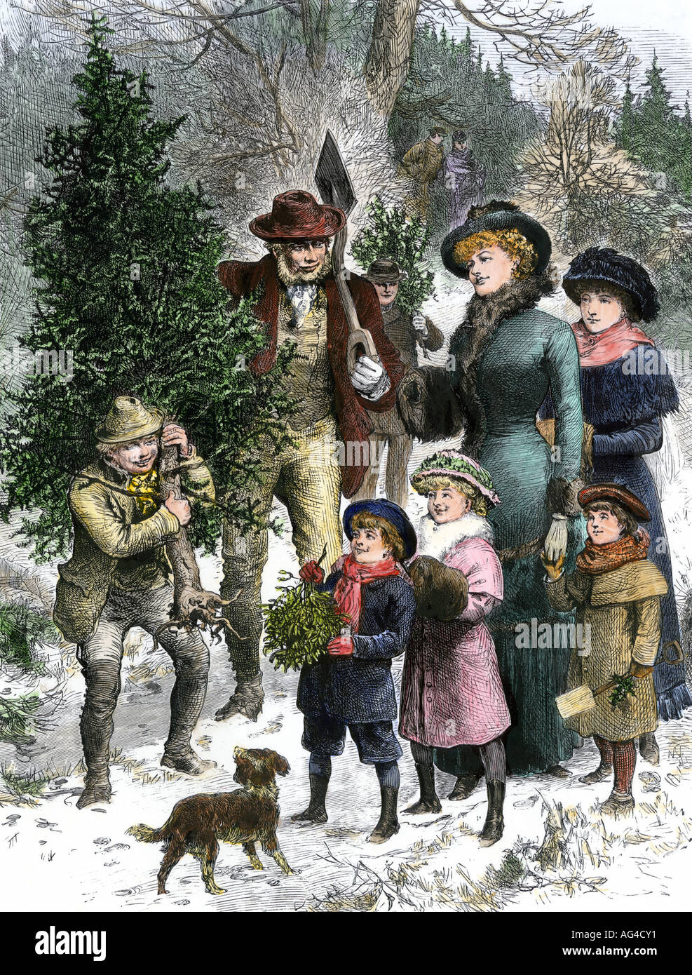 Victorian family bringing home their Christmas tree and mistletoe 1880s. Hand-colored woodcut Stock Photo