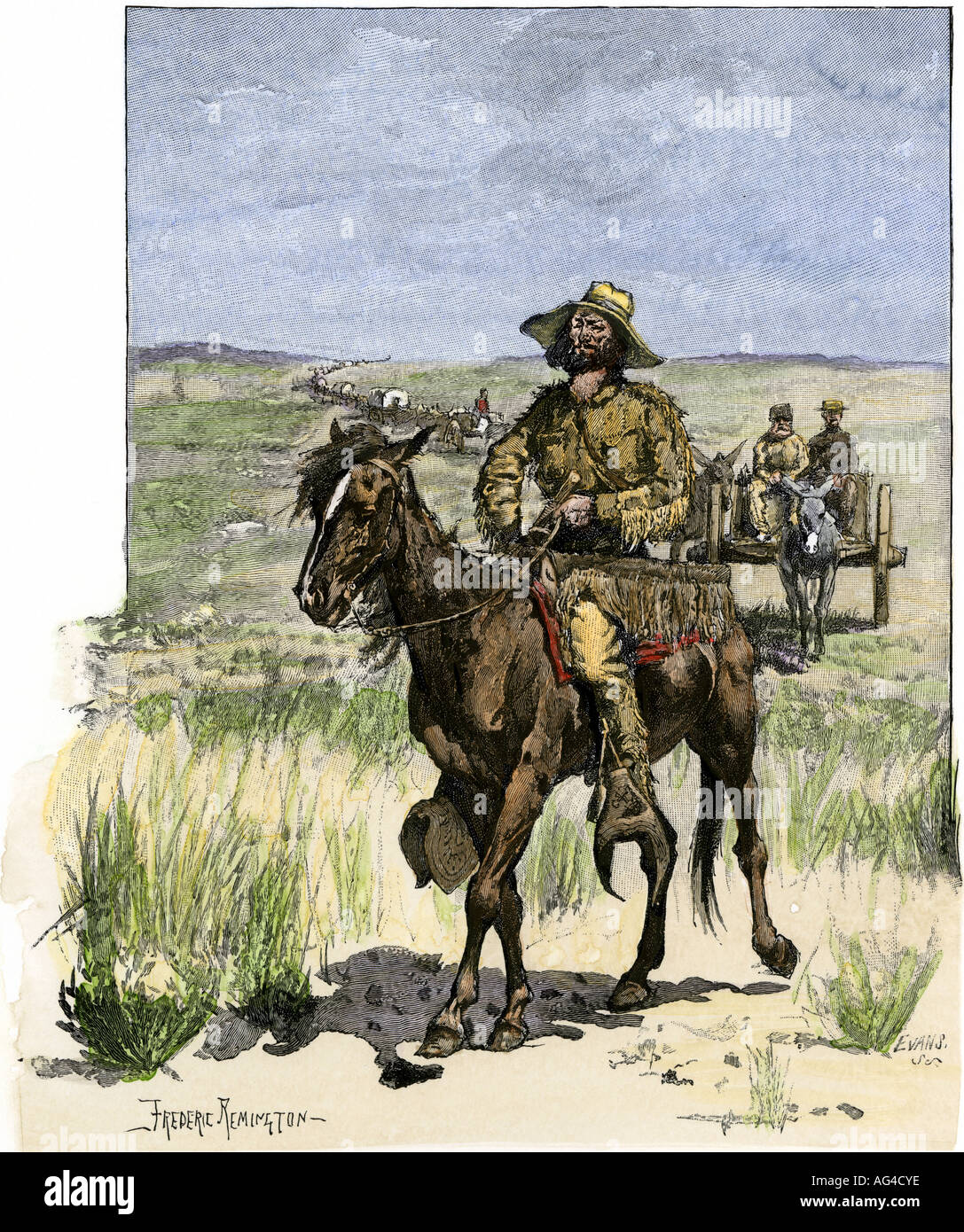 Scout leading a wagon train to the Platte River Great Plains. Hand-colored woodcut of a Frederic Remington illustration Stock Photo
