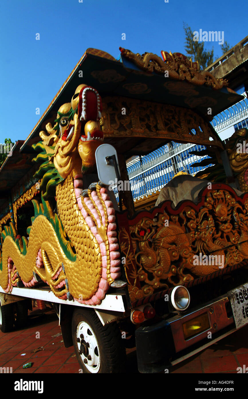 Truck with carved dragon on side used for parade or carnival purposes in Cambodia. Stock Photo