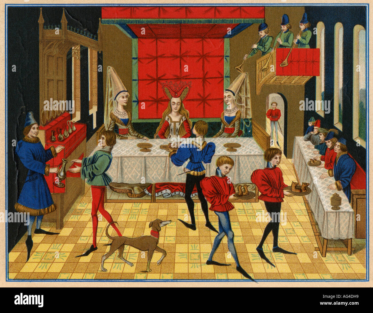 Dining table of a lady of quality 1400s. Color lithograph Stock Photo