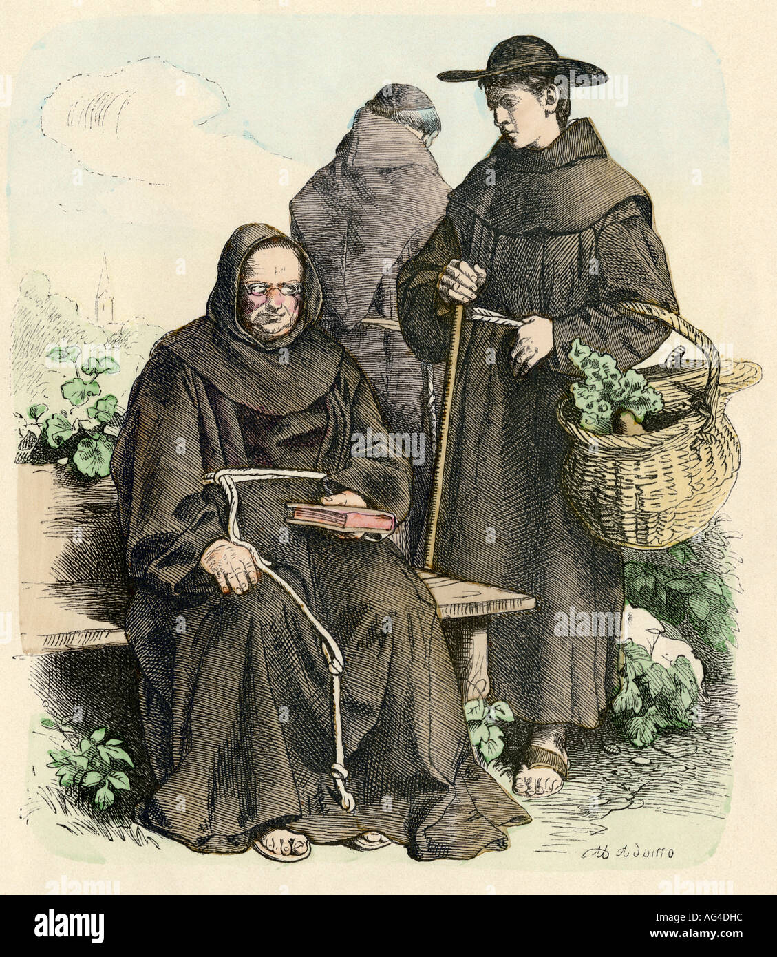 Franciscan monks in their vegetable garden Middle Ages. Hand-colored print Stock Photo