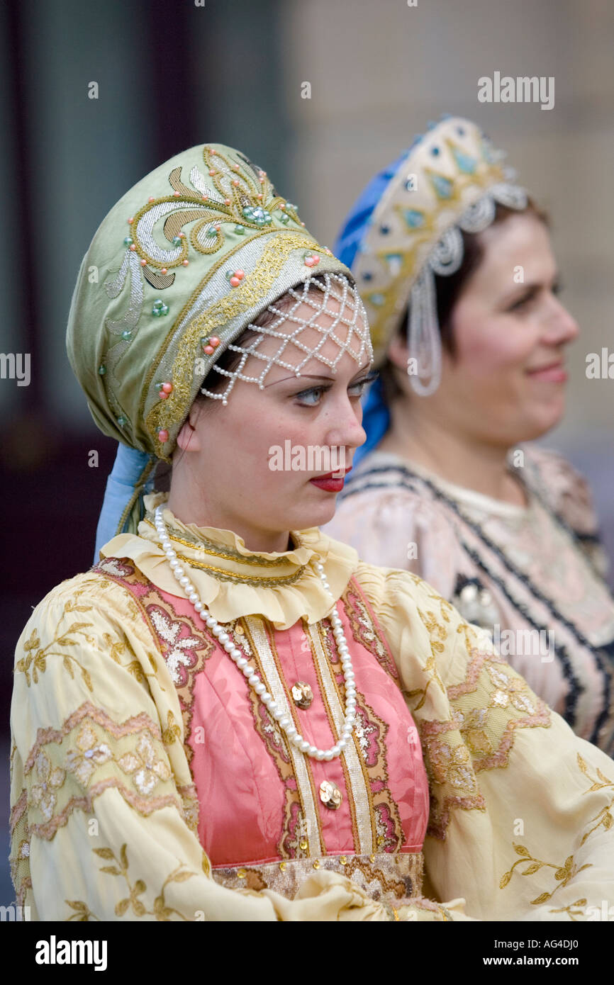 Two female singers of Orenburg State Russian Folk Choir standing in Plaza  Arriaga Bilbao Basque Country Spain Stock Photo - Alamy