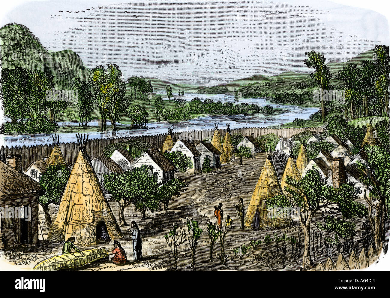Mohawk village in central New York State about 1780. Hand-colored woodcut Stock Photo