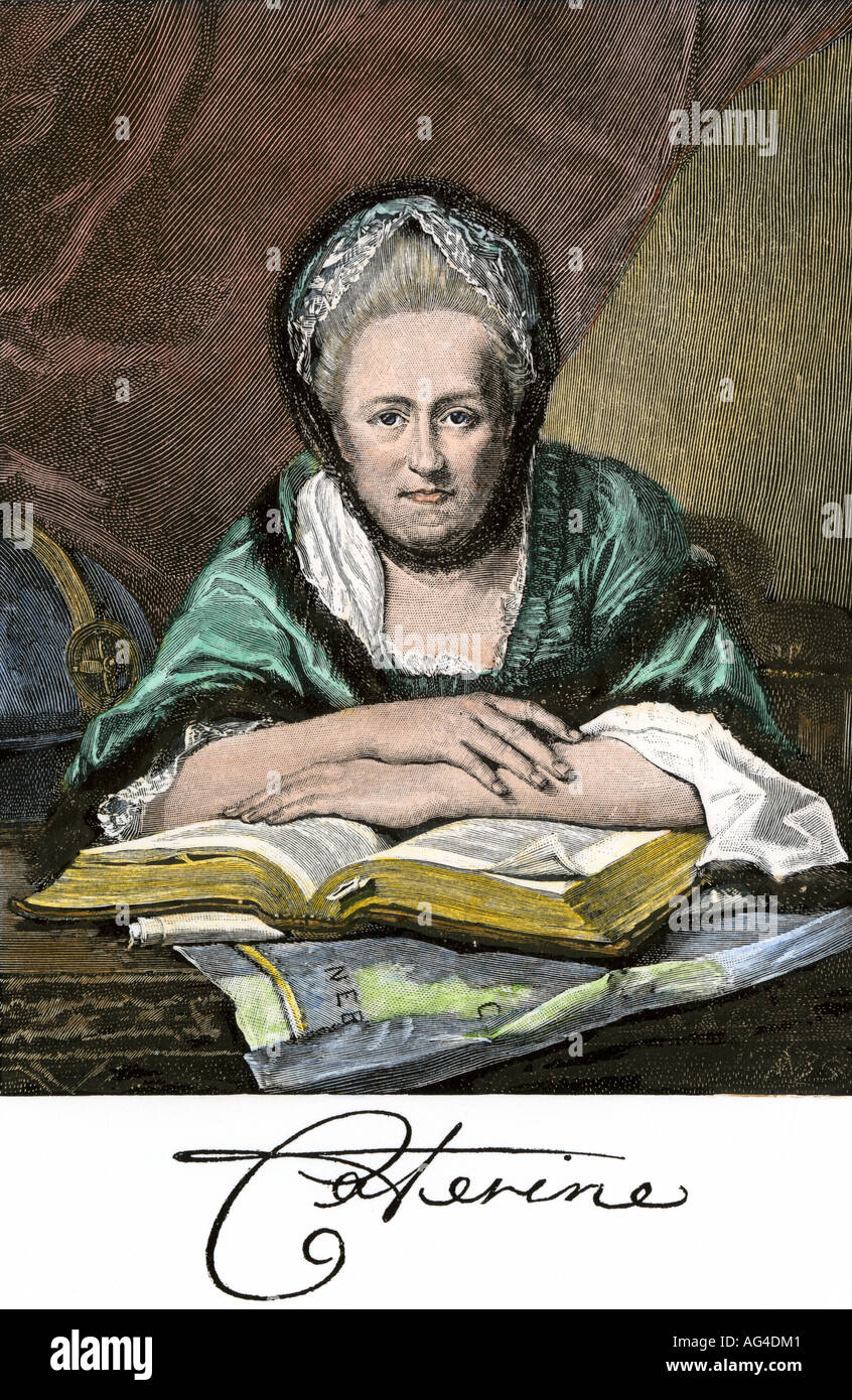 Catherine the Great of Russia with her autograph. Hand-colored woodcut Stock Photo