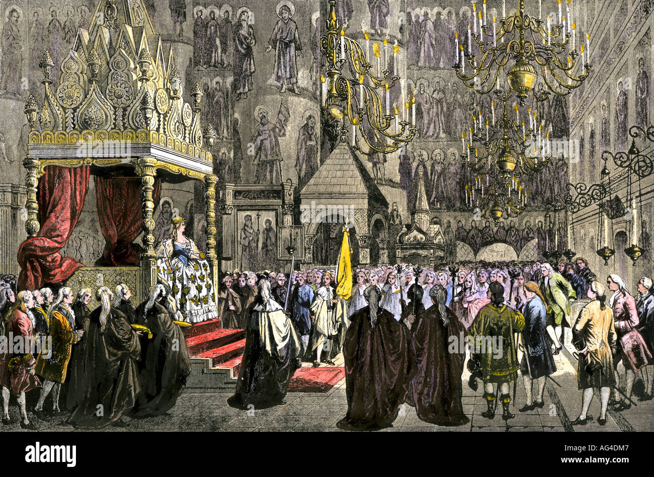 Coronation of Catherine the Great as Empress of Russia 1762. Hand-colored woodcut -