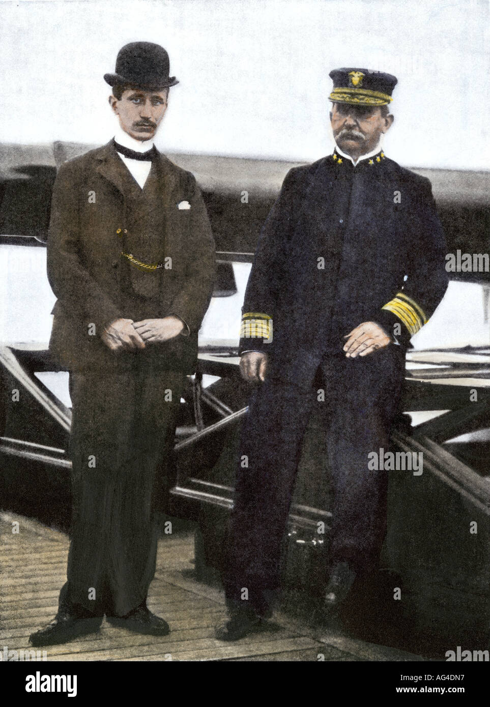 Guglielmo Marconi and Admiral Farquhar aboard the ship New York 1899. Hand-colored halftone of a photograph Stock Photo