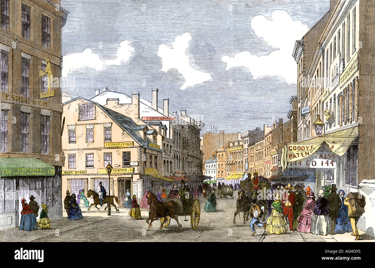 Shops on Washington Street in Boston including the Old Corner Bookstore, a literary center, 1850s. Hand-colored woodcut Stock Photo