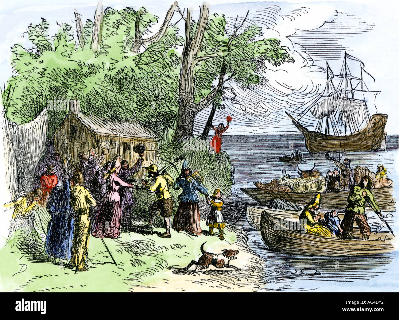 Landing of the Dutch colonists known as Walloons in New Amsterdam 1600s. Hand-colored woodcut Stock Photo