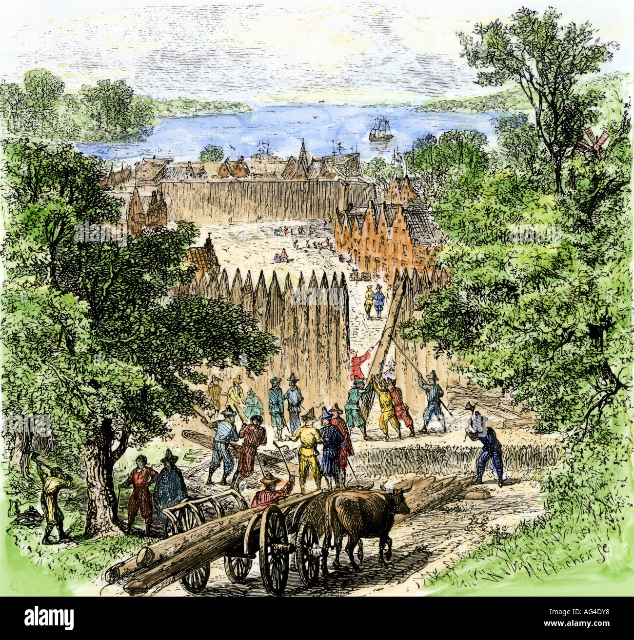 Dutch colonists building the perimeter stockade on Manhattan Island which became Wall Street New Amsterdam 1650s. Hand-colored woodcut Stock Photo