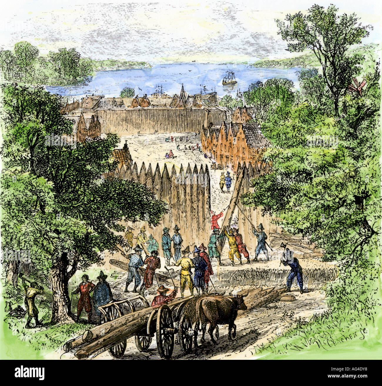 Dutch colonists building the perimeter stockade on Manhattan