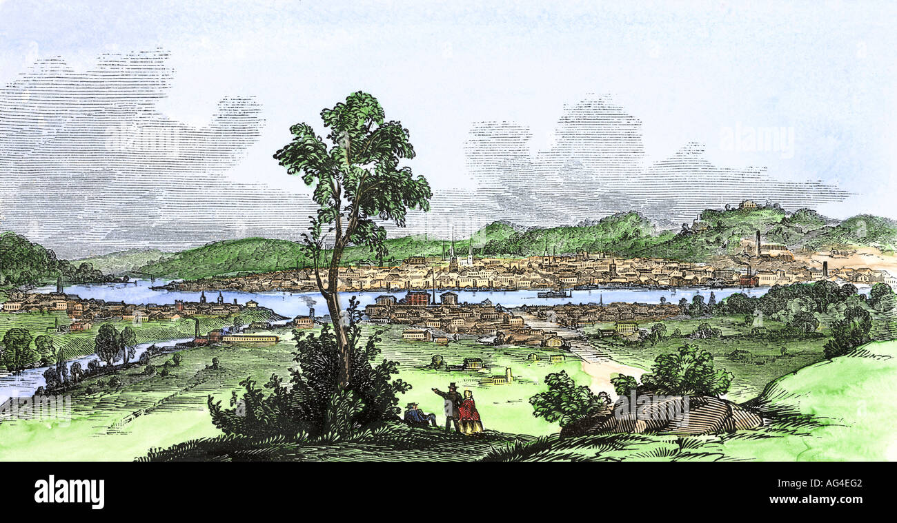 View of Cincinnati Ohio from the hill behind Newport Barracks 1850s. Hand-colored woodcut Stock Photo