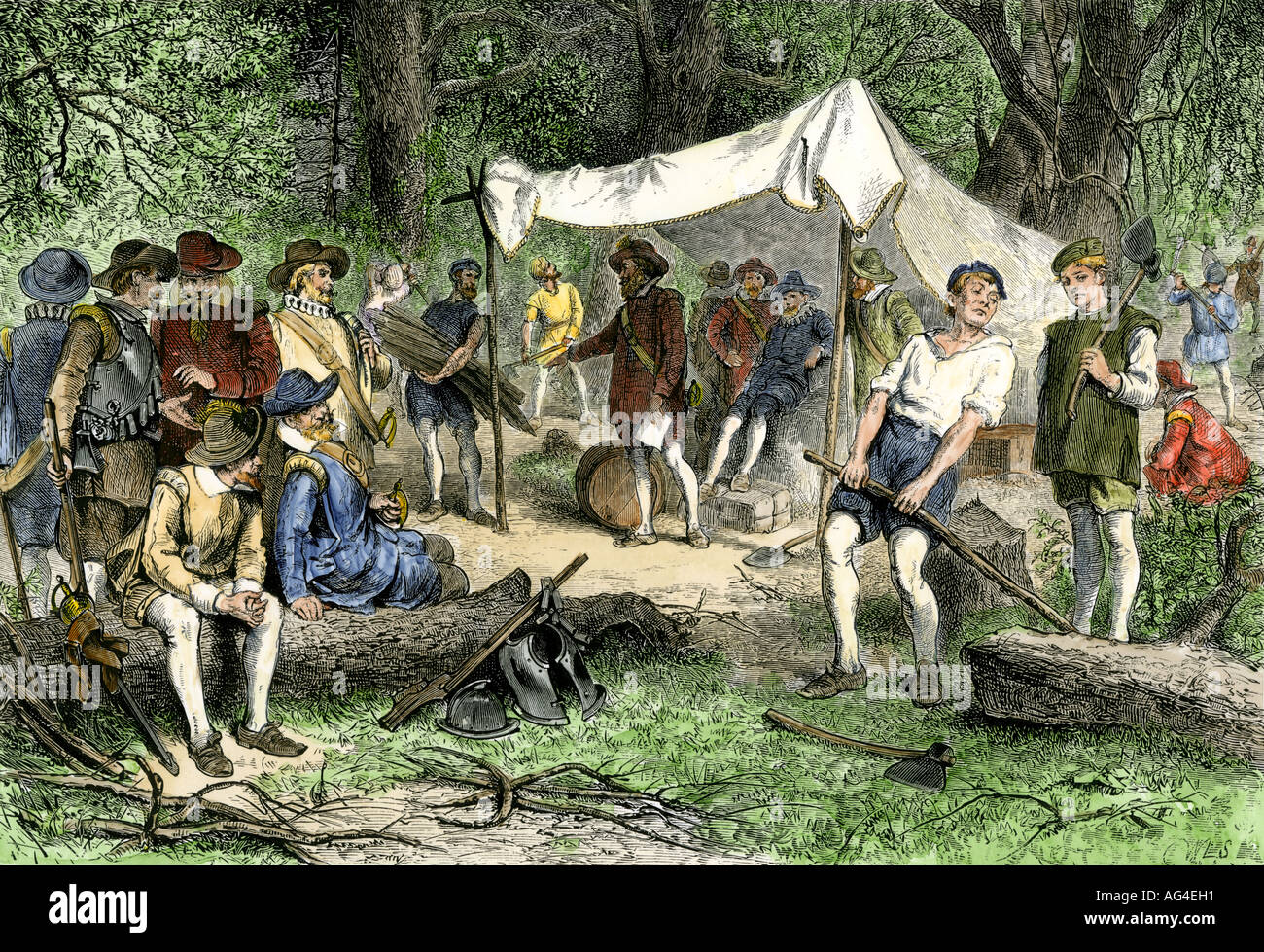 Virginia colonists building the first structures at Jamestown 1608. Hand-colored woodcut Stock Photo