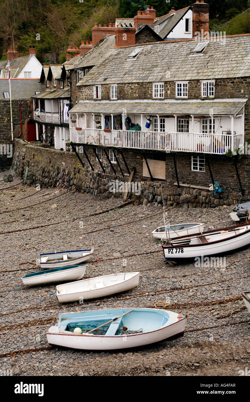 Uk Devon Clovelly Harbour Boats At Low Tide Below Harbour Front